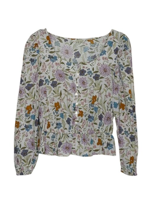 a.n.a Tops - ana Blouse Shirt Top Peplum Puff Sleeve Peplum Button Front Floral M